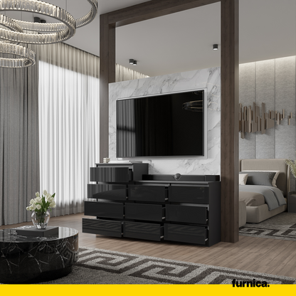 GABRIEL - Kommode / Sideboard mit 10 Schubladen (6+4) - Anthrazit / Schwarz Gloss H92/70cm B160cm T33cm