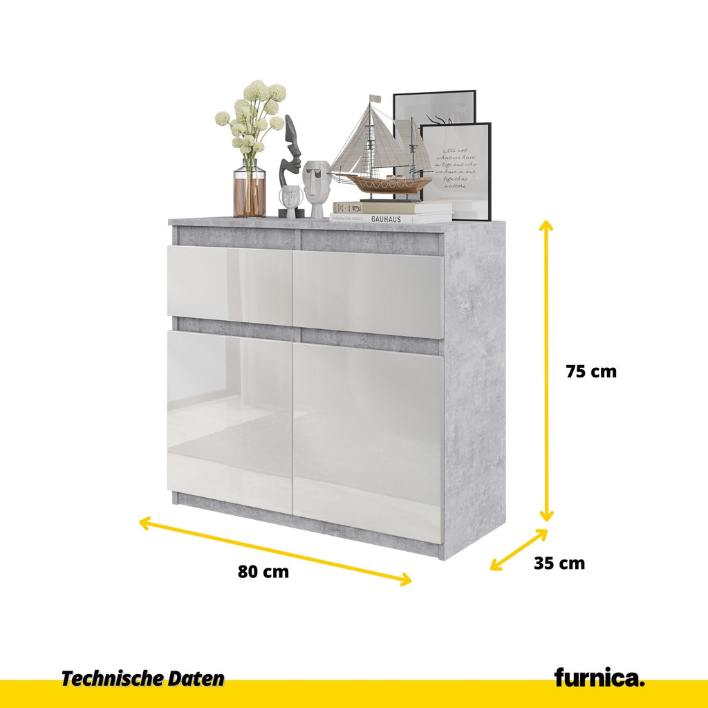 NOAH - Kommode / Sideboard mit 2 Schubladen und 2 Türen - Beton-Optik  / Weiß Gloss H75cm B80cm T35cm