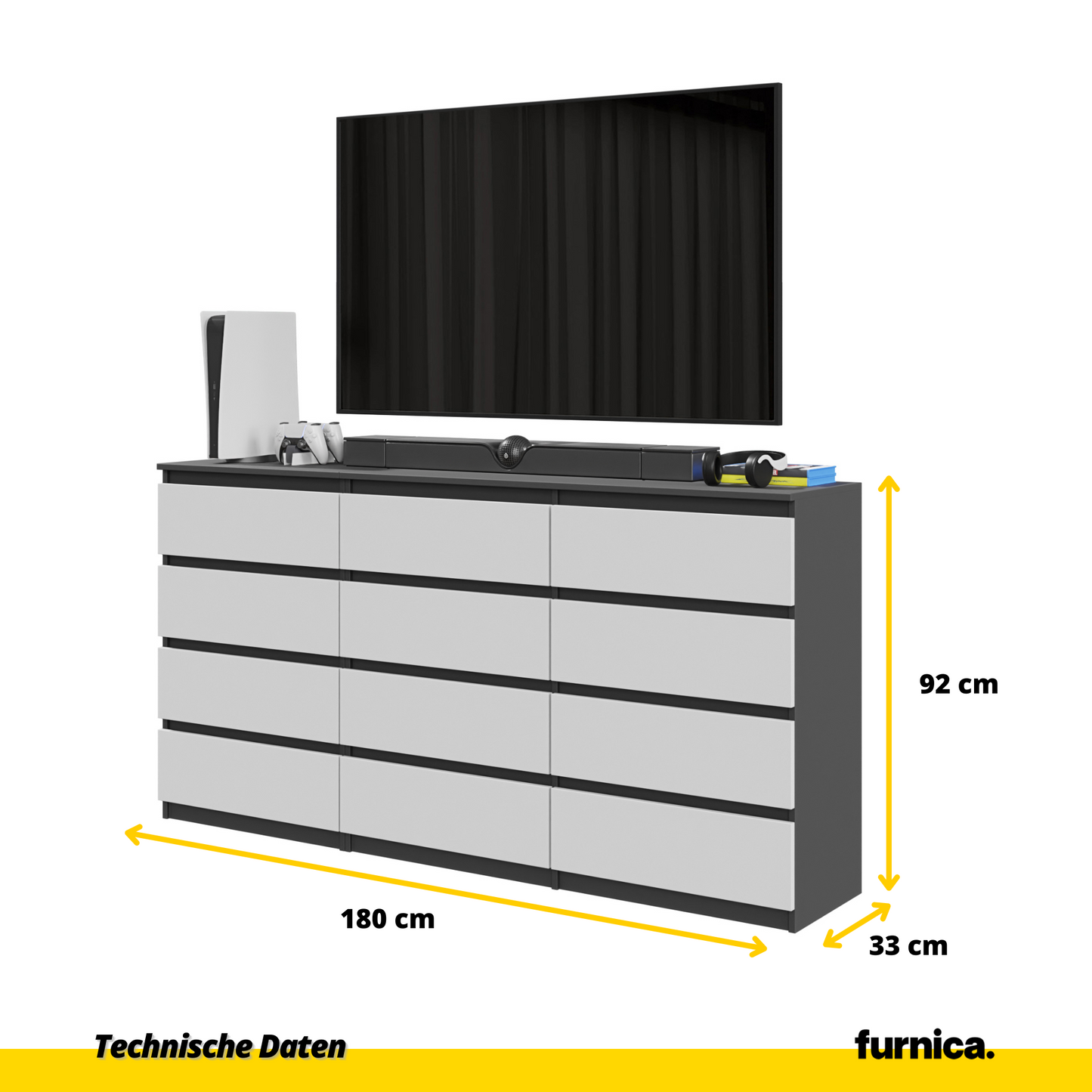GABRIEL - Kommode / Sideboard mit 12 Schubladen (8+4) - Anthrazit / Weiß Matt H92cm B180cm T33cm
