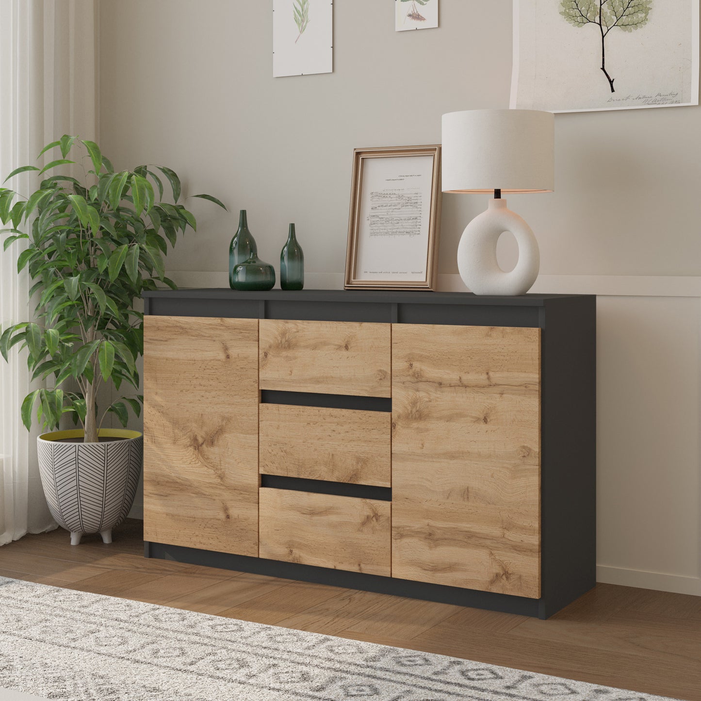 MIKEL - Kommode / Sideboard mit 3 Schubladen und 2 Türen - Anthrazit Grau / Wotan Eiche H75cm B120cm T35cm