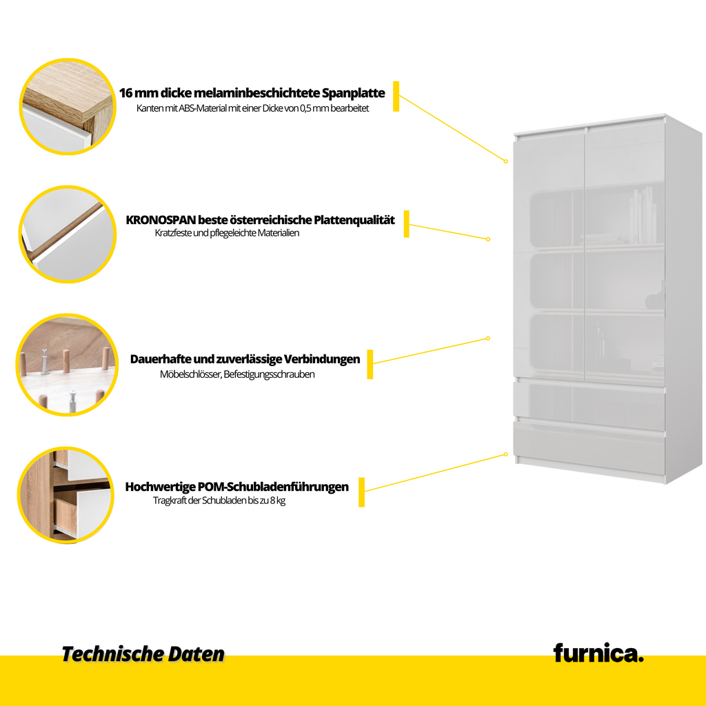 JOELLE - Kleiderschrank mit 2 Türen und 2 Schubladen -  Weiß Matt / Weißglanz H180cm B90cm T50cm