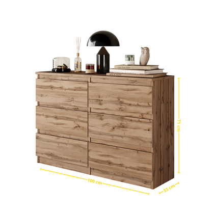 GABRIEL - Kommode / Sideboard mit 6 Schubladen - Wotan Eiche H71cm B100cm T33cm