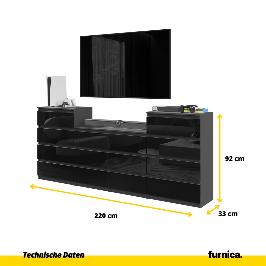 GABRIEL - Kommode / Sideboard mit 14 Schubladen (4+6+4) - Anthrazit / Schwarz Gloss H92/70cm B220cm T33cm