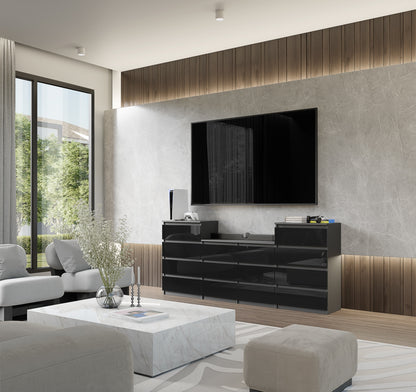 GABRIEL - Kommode / Sideboard mit 14 Schubladen (4+6+4) - Anthrazit / Schwarz Gloss H92/70cm B220cm T33cm