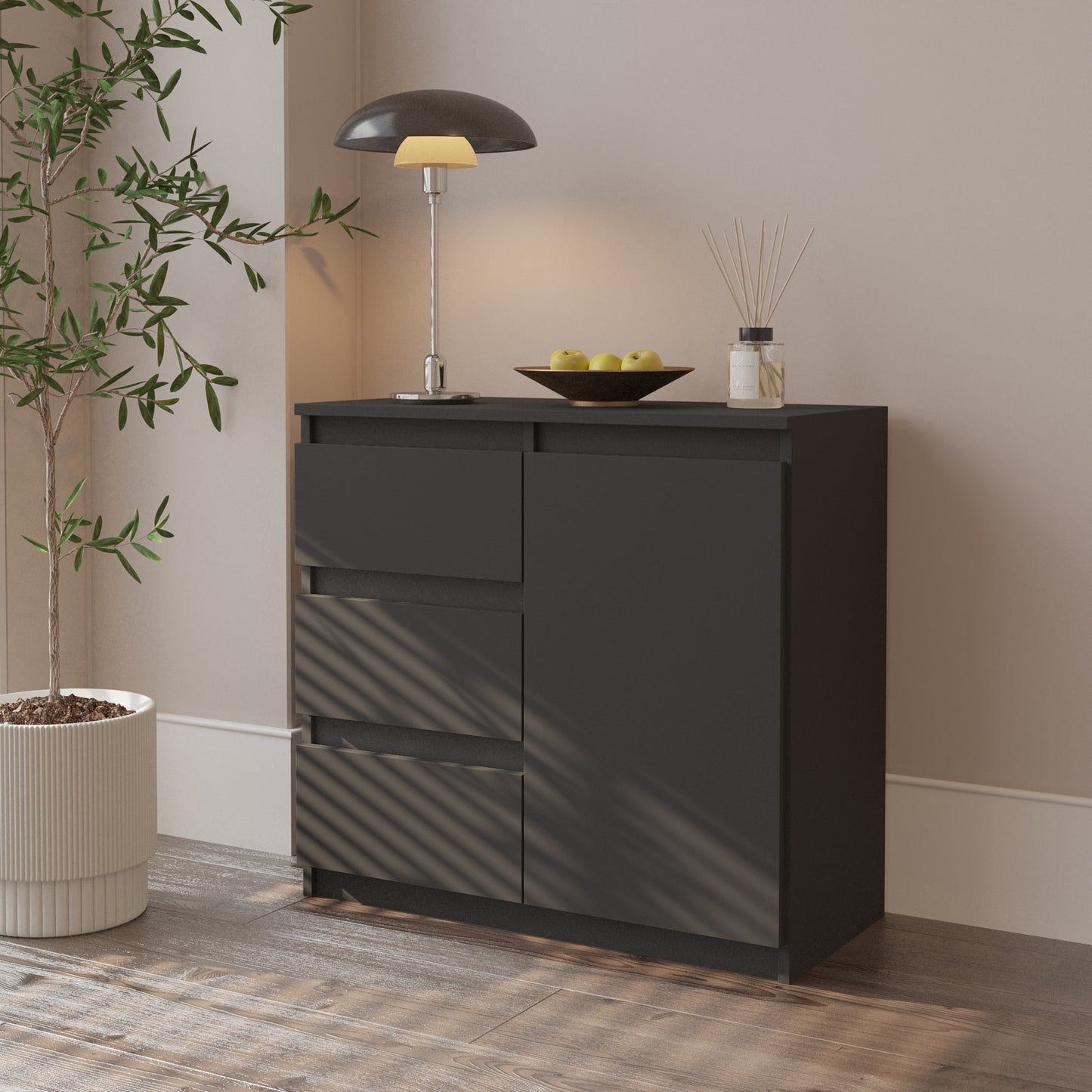 MIKEL - Kommode / Sideboard mit 3 Schubladen und 1 Tür - Anthrazit Grau H75cm B80cm T35cm