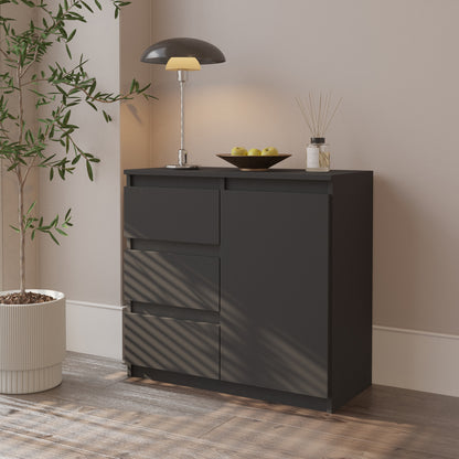 MIKEL - Kommode / Sideboard mit 3 Schubladen und 1 Tür - Anthrazit Grau H75cm B80cm T35cm