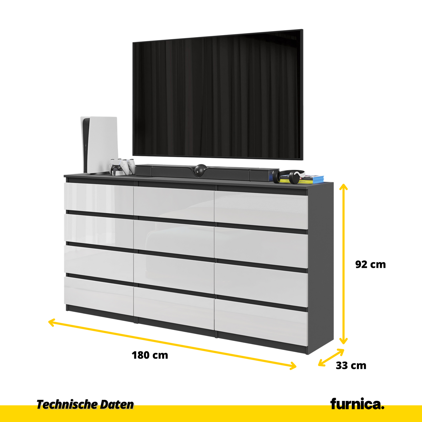 GABRIEL - Kommode / Sideboard mit 12 Schubladen (8+4) - Anthrazit / Weiß Gloss H92cm B180cm T33cm