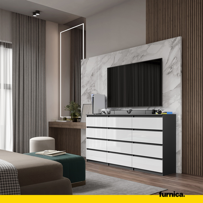 GABRIEL - Kommode / Sideboard mit 12 Schubladen (8+4) - Anthrazit / Weiß Gloss H92cm B180cm T33cm