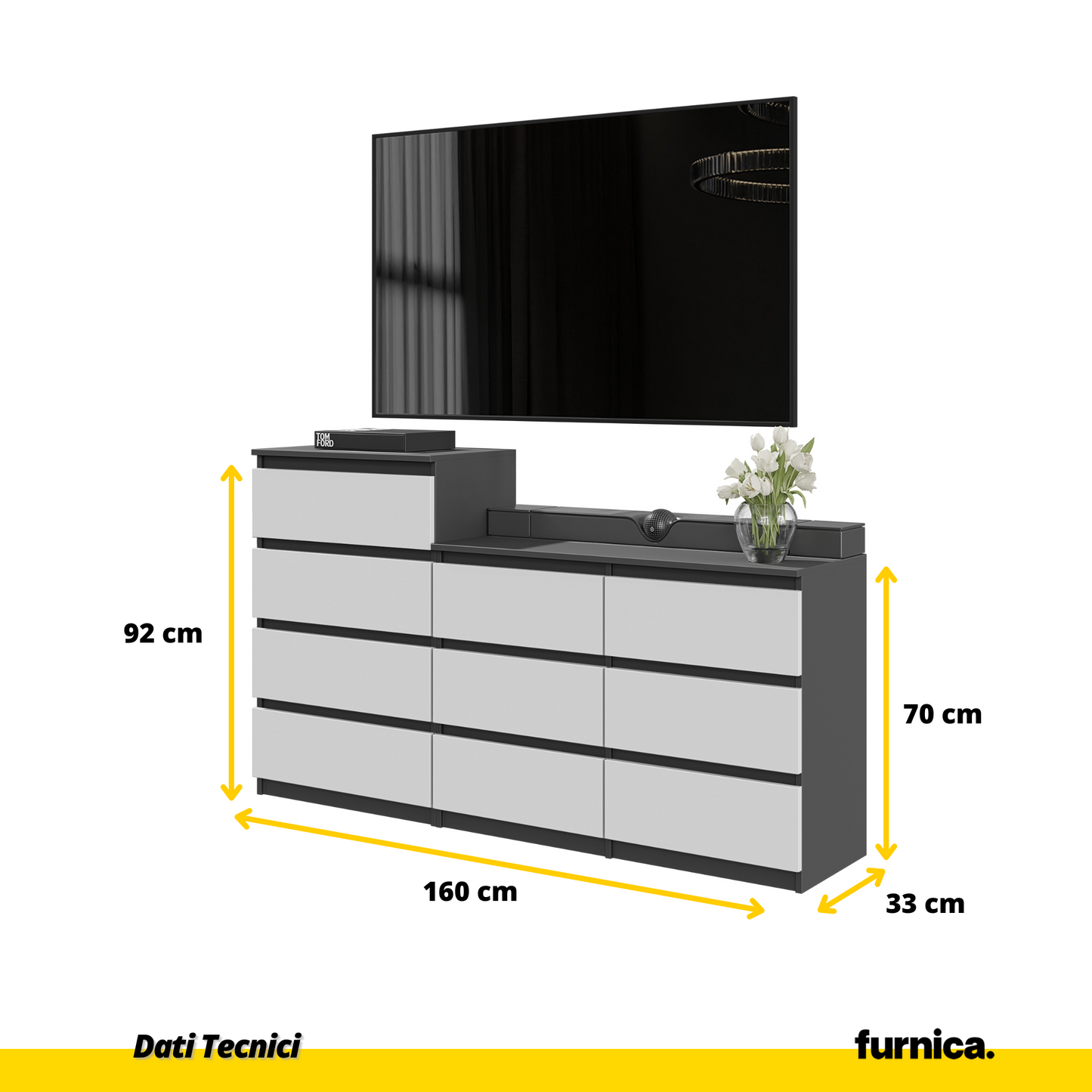 GABRIEL - Kommode / Sideboard mit 10 Schubladen (6+4) - Anthrazit / Weiß Matt H92/70cm B160cm T33cm