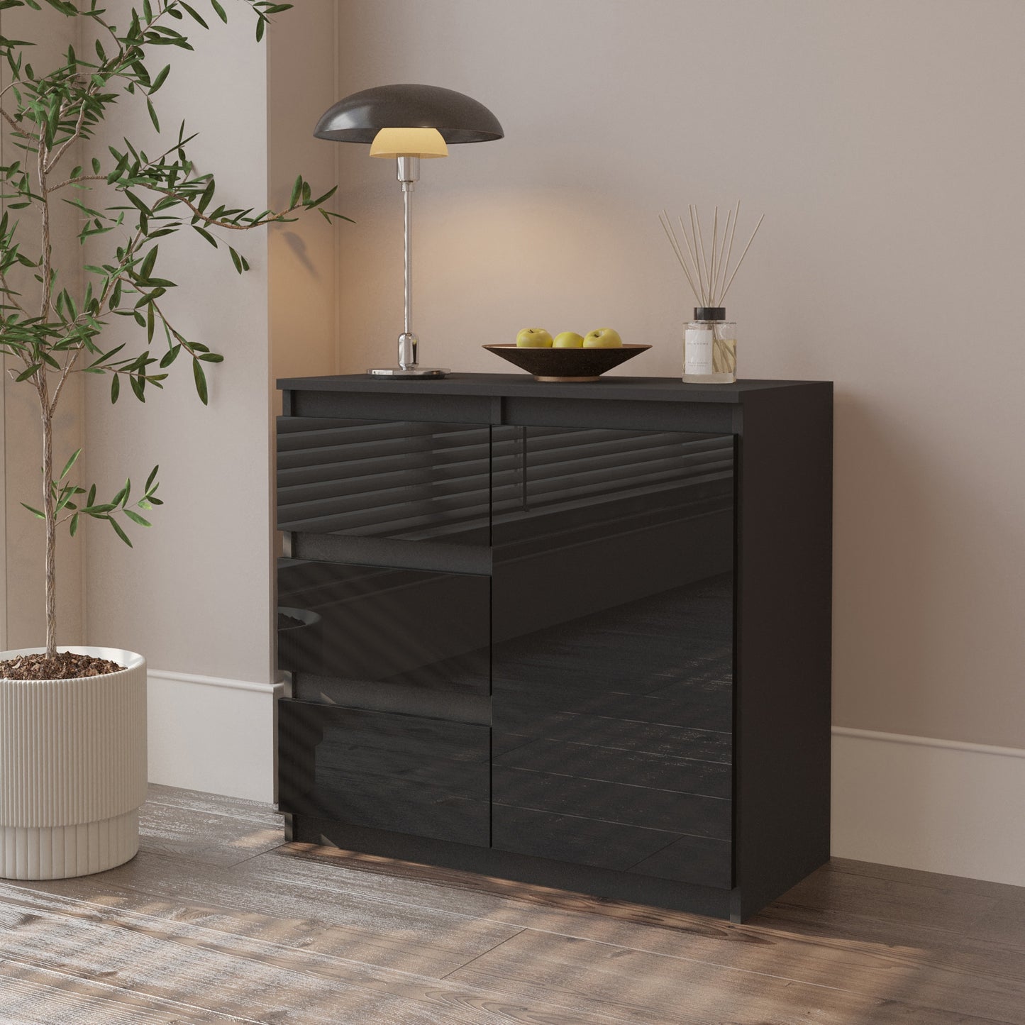 MIKEL - Kommode / Sideboard mit 3 Schubladen und 1 Tür - Anthrazit / Schwarz Gloss H75cm B80cm T35cm