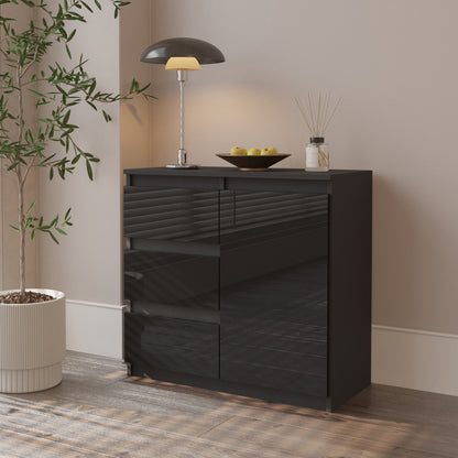 MIKEL - Kommode / Sideboard mit 3 Schubladen und 1 Tür - Anthrazit / Schwarz Gloss H75cm B80cm T35cm