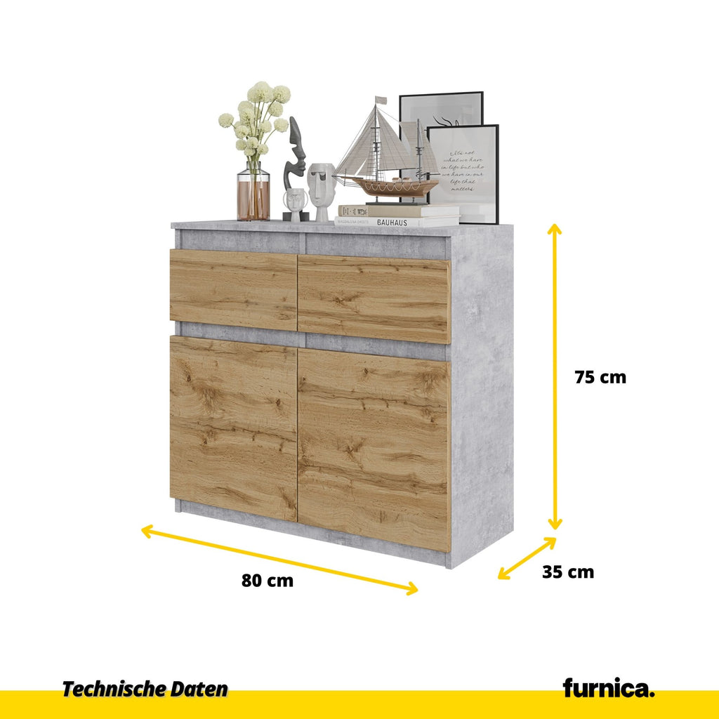 NOAH - Kommode / Sideboard mit 2 Schubladen und 2 Türen - Beton-Optik / Wotan Eiche H75cm B80cm T35cm