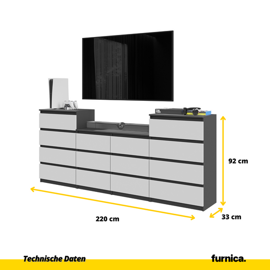 GABRIEL - Kommode / Sideboard mit 14 Schubladen (4+6+4) - Anthrazit / Weiß Matt H92/70cm B220cm T33cm