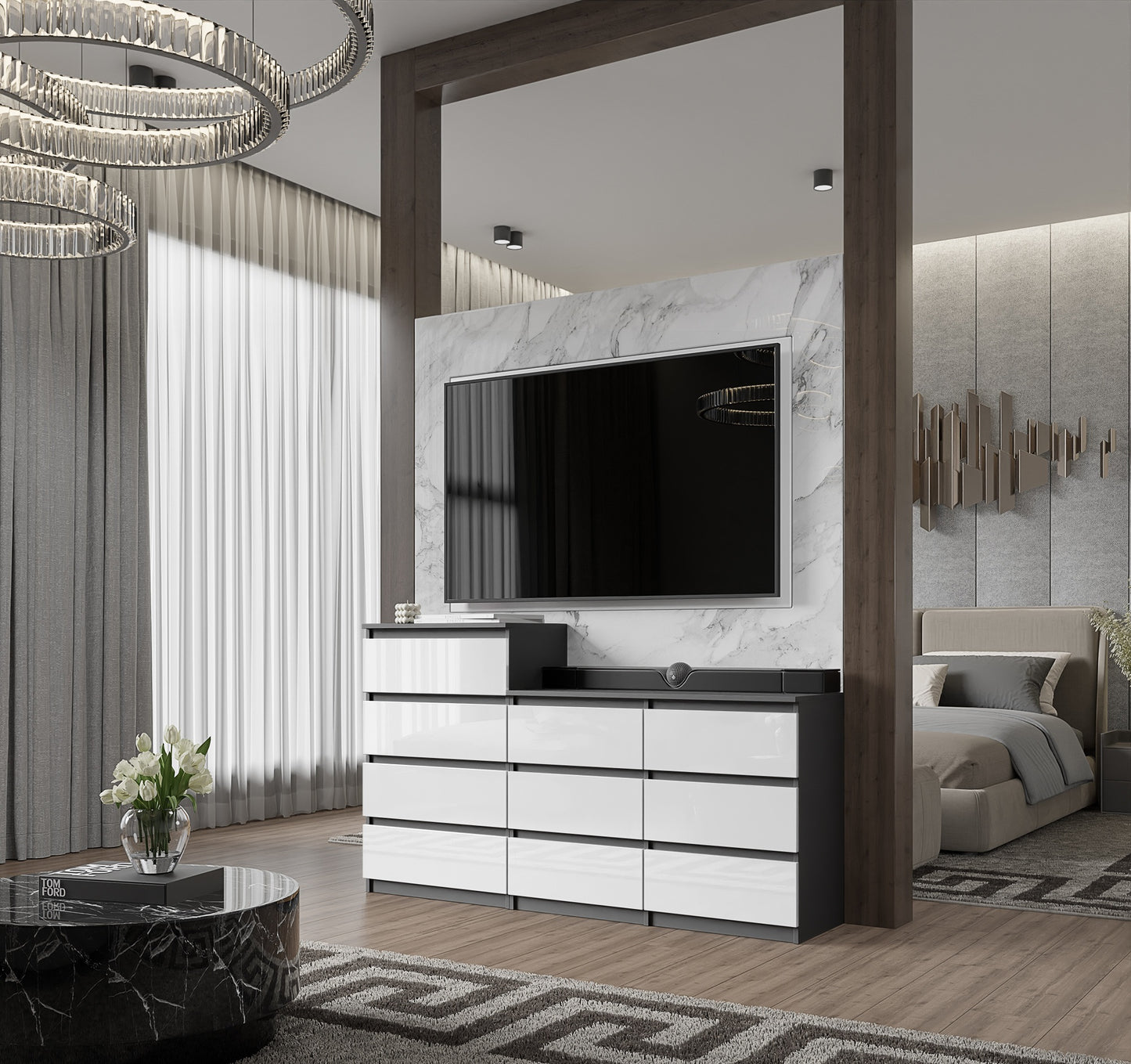 GABRIEL - Kommode / Sideboard mit 10 Schubladen (6+4) - Anthrazit / Weiß Gloss H92/70cm B160cm T33cm