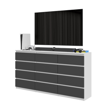 GABRIEL - Kommode / Sideboard mit 12 Schubladen (8+4) - Weiß Matt / Anthrazit H92cm B180cm T33cm