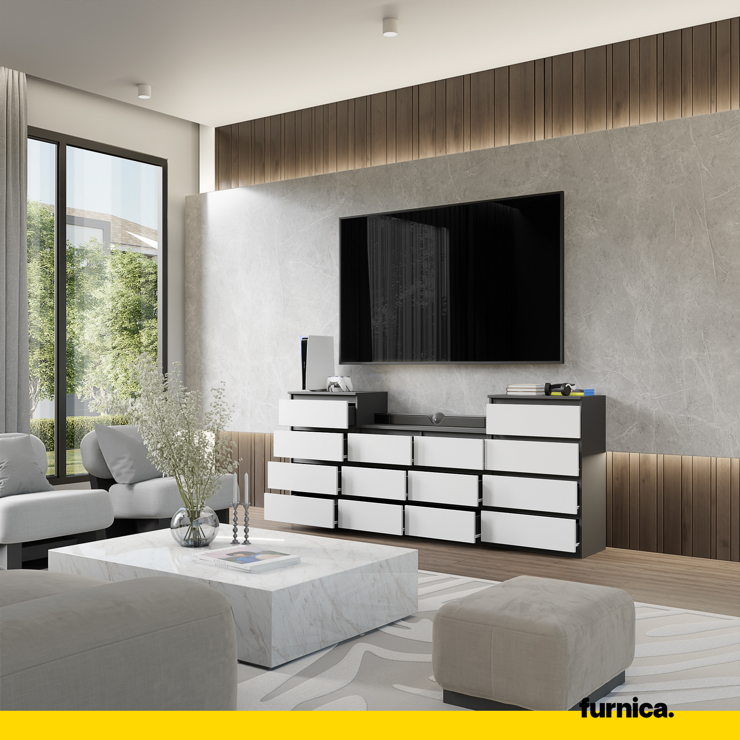 GABRIEL - Kommode / Sideboard mit 14 Schubladen (4+6+4) - Anthrazit / Weiß Matt H92/70cm B220cm T33cm