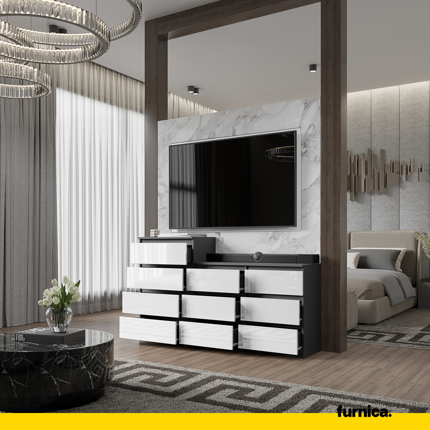 GABRIEL - Kommode / Sideboard mit 10 Schubladen (6+4) - Anthrazit / Weiß Gloss H92/70cm B160cm T33cm
