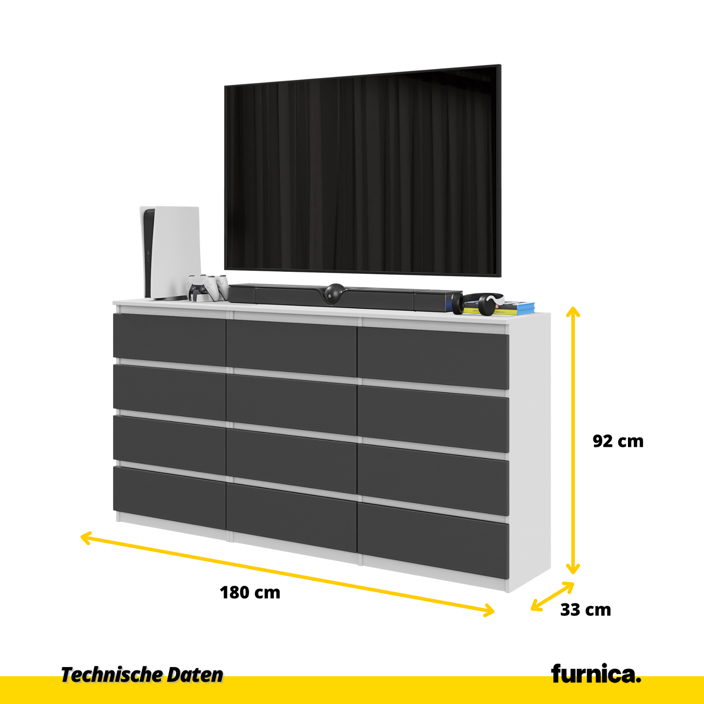GABRIEL - Kommode / Sideboard mit 12 Schubladen (8+4) - Weiß Matt / Anthrazit H92cm B180cm T33cm
