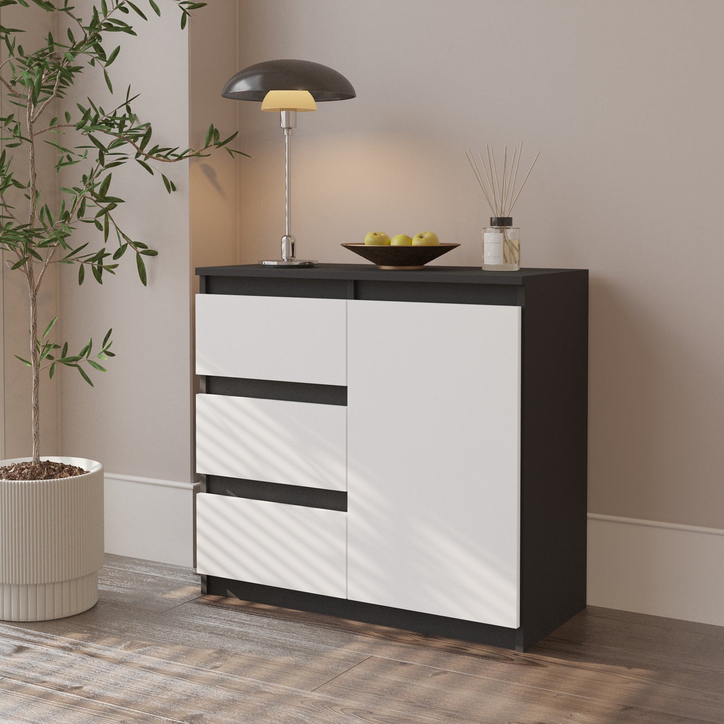 MIKEL - Kommode / Sideboard mit 3 Schubladen und 1 Tür - Anthrazit Grau / Weiß Matt H75cm B80cm T35cm