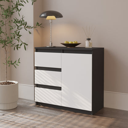 MIKEL - Kommode / Sideboard mit 3 Schubladen und 1 Tür - Anthrazit Grau / Weiß Matt H75cm B80cm T35cm