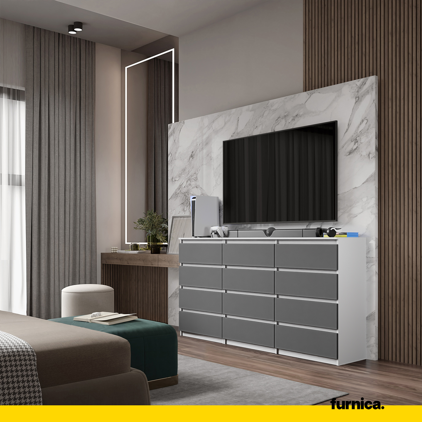 GABRIEL - Kommode / Sideboard mit 12 Schubladen (8+4) - Weiß Matt / Anthrazit H92cm B180cm T33cm