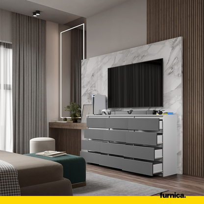 GABRIEL - Kommode / Sideboard mit 12 Schubladen (8+4) - Weiß Matt / Anthrazit H92cm B180cm T33cm