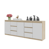 MIKEL - Kommode mit 6 Schubladen und 3 Türen - Schlafzimmer Kommode Aufbewahrung Schrank Sideboard - Sonoma Eiche / Weiß Matt H75cm B200cm T35cm