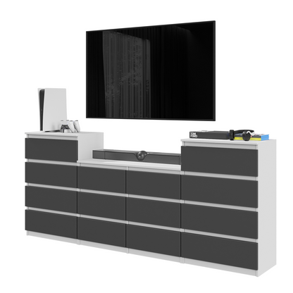 GABRIEL - Kommode / Sideboard mit 14 Schubladen (4+6+4) - Weiß Matt / Anthrazit H92/70cm B220cm T33cm