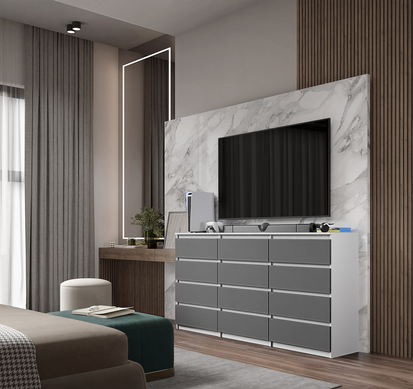 GABRIEL - Kommode / Sideboard mit 12 Schubladen (8+4) - Weiß Matt / Anthrazit H92cm B180cm T33cm