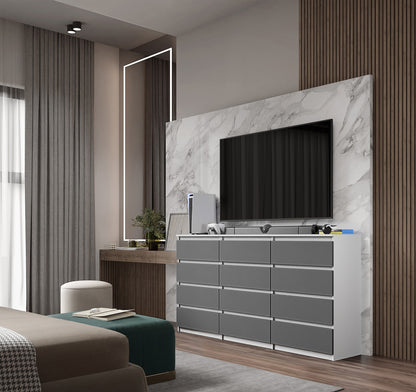 GABRIEL - Kommode / Sideboard mit 12 Schubladen (8+4) - Weiß Matt / Anthrazit H92cm B180cm T33cm
