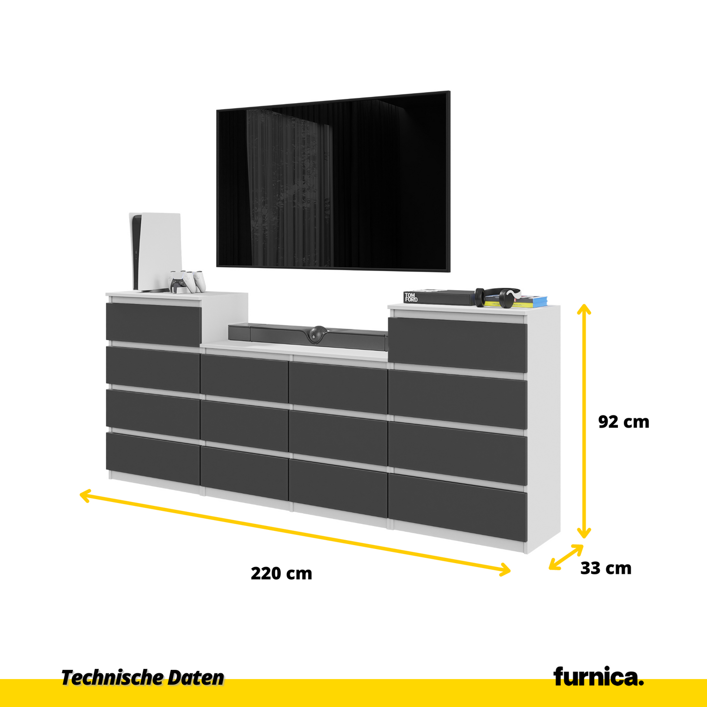 GABRIEL - Kommode / Sideboard mit 14 Schubladen (4+6+4) - Weiß Matt / Anthrazit H92/70cm B220cm T33cm