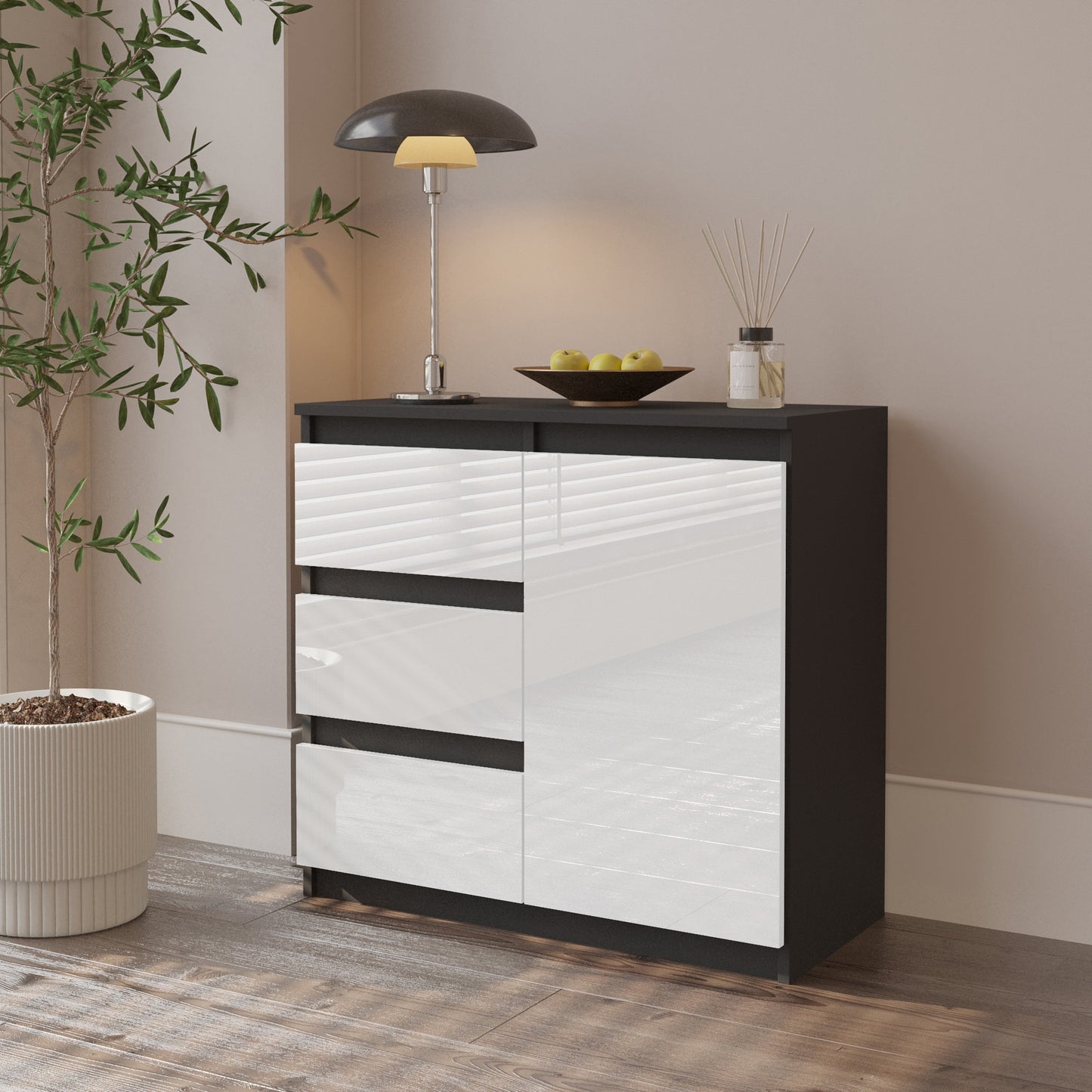 MIKEL - Kommode / Sideboard mit 3 Schubladen und 1 Tür - Anthrazit Grau / Weiß Gloss H75cm B80cm T35cm