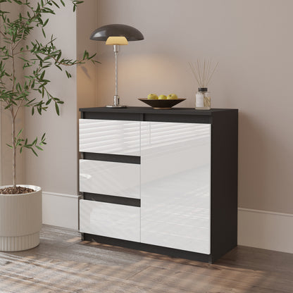 MIKEL - Kommode / Sideboard mit 3 Schubladen und 1 Tür - Anthrazit Grau / Weiß Gloss H75cm B80cm T35cm
