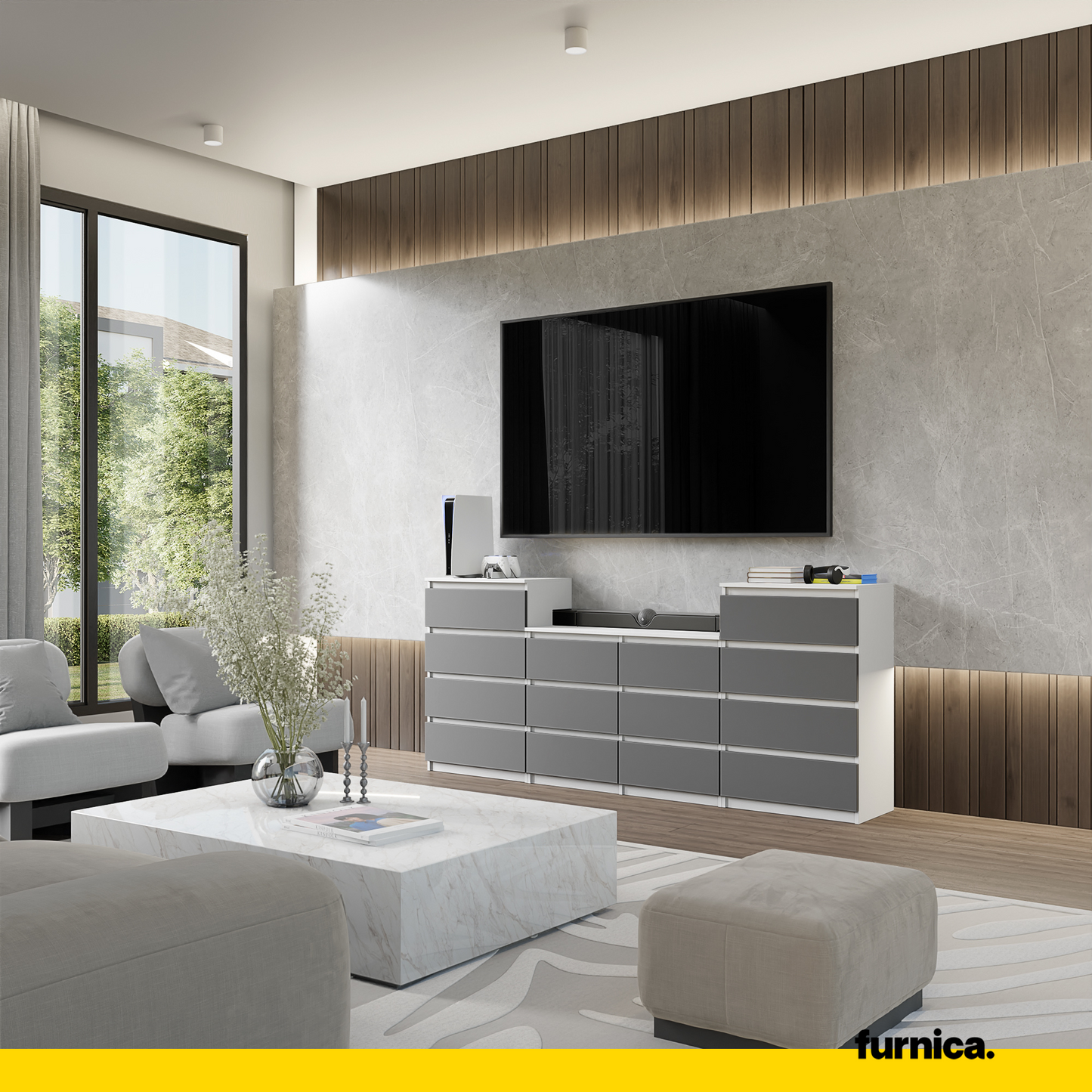 GABRIEL - Kommode / Sideboard mit 14 Schubladen (4+6+4) - Weiß Matt / Anthrazit H92/70cm B220cm T33cm