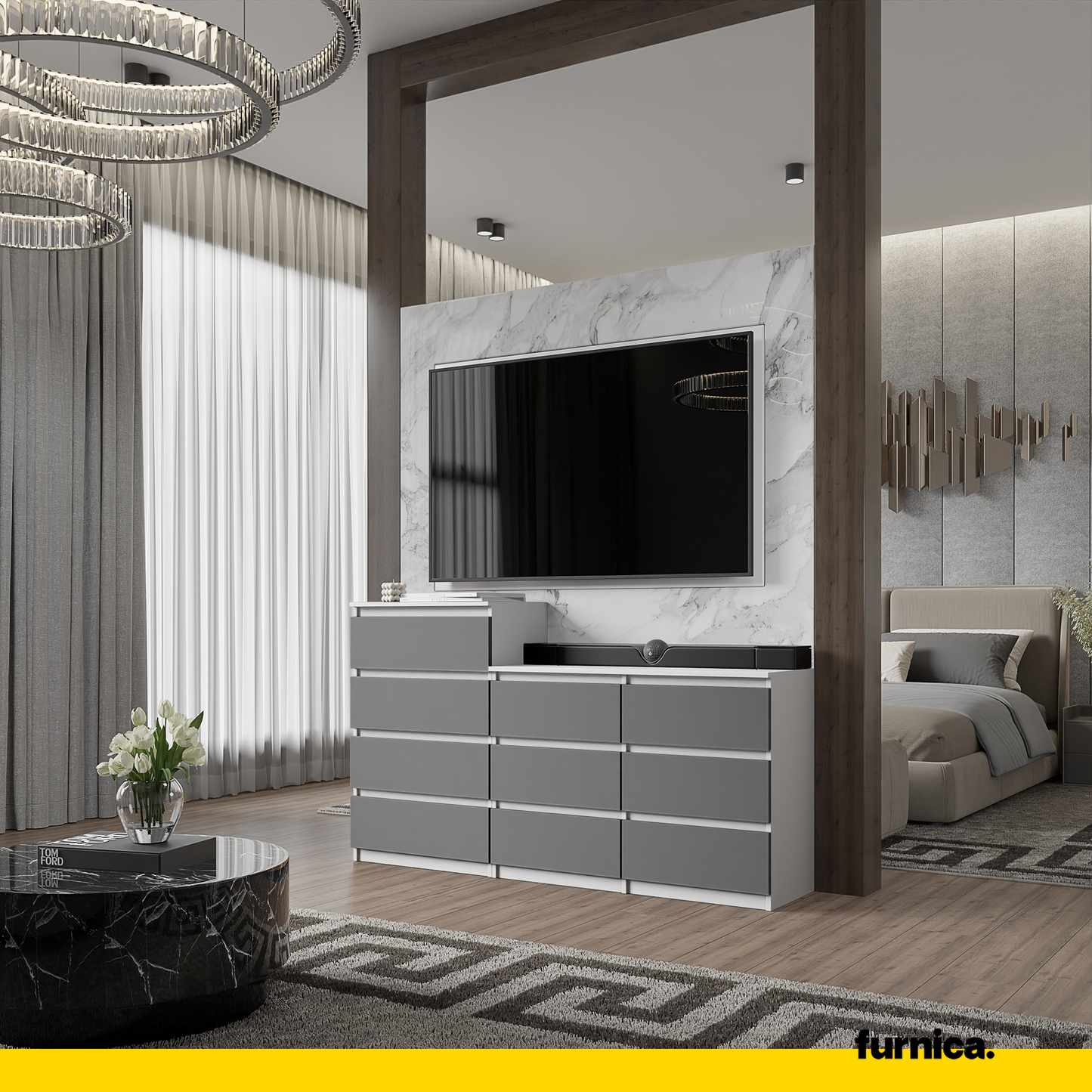 GABRIEL - Kommode / Sideboard mit 10 Schubladen (6+4) - Weiß Matt / Anthrazit H92/70cm B160cm T33cm