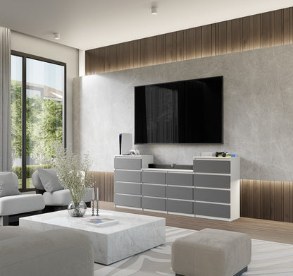 GABRIEL - Kommode / Sideboard mit 14 Schubladen (4+6+4) - Weiß Matt / Anthrazit H92/70cm B220cm T33cm