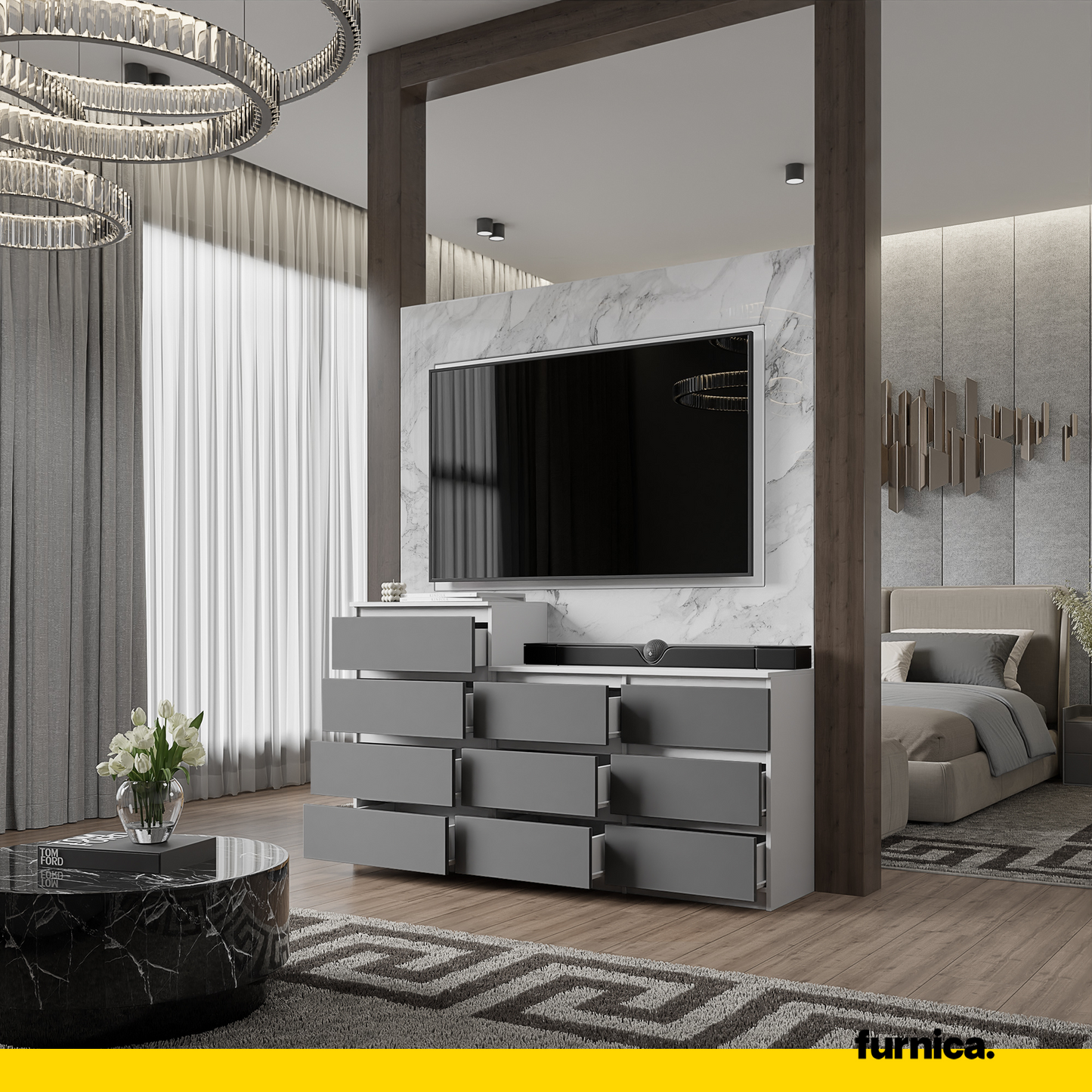 GABRIEL - Kommode / Sideboard mit 10 Schubladen (6+4) - Weiß Matt / Anthrazit H92/70cm B160cm T33cm