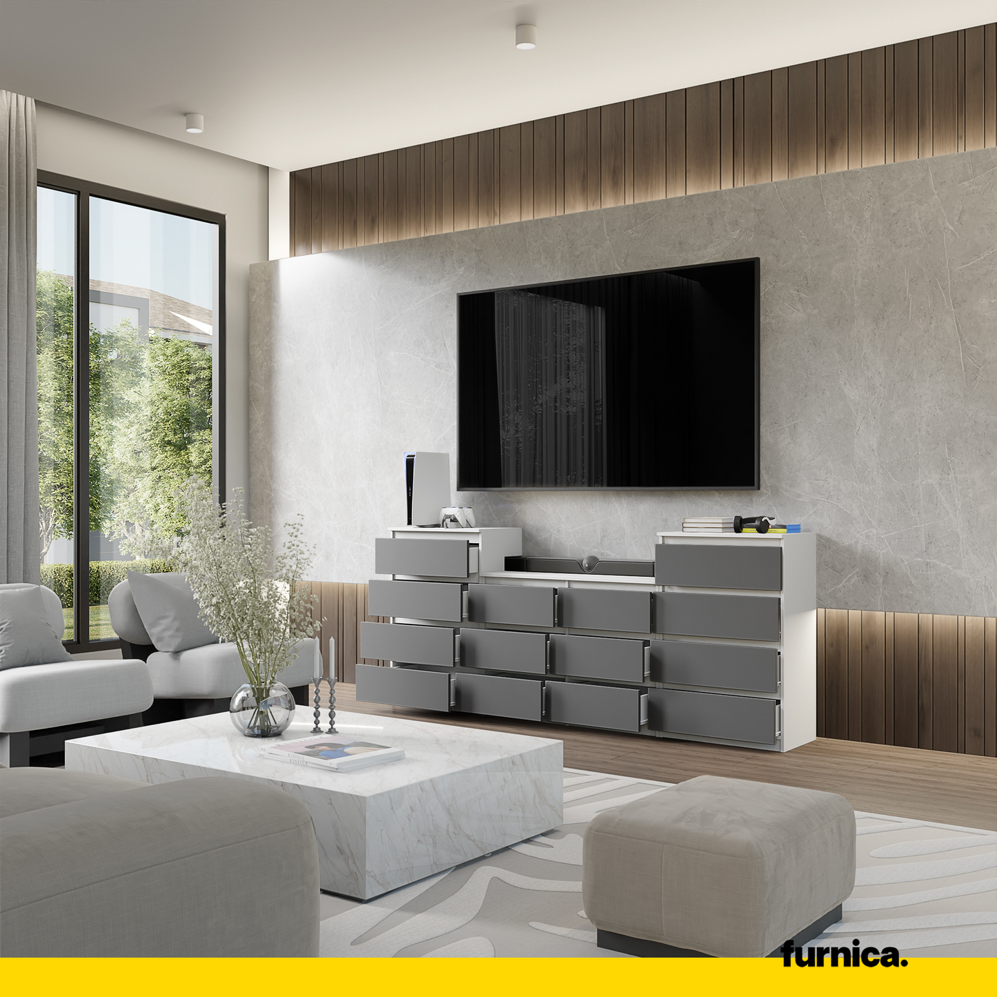 GABRIEL - Kommode / Sideboard mit 14 Schubladen (4+6+4) - Weiß Matt / Anthrazit H92/70cm B220cm T33cm