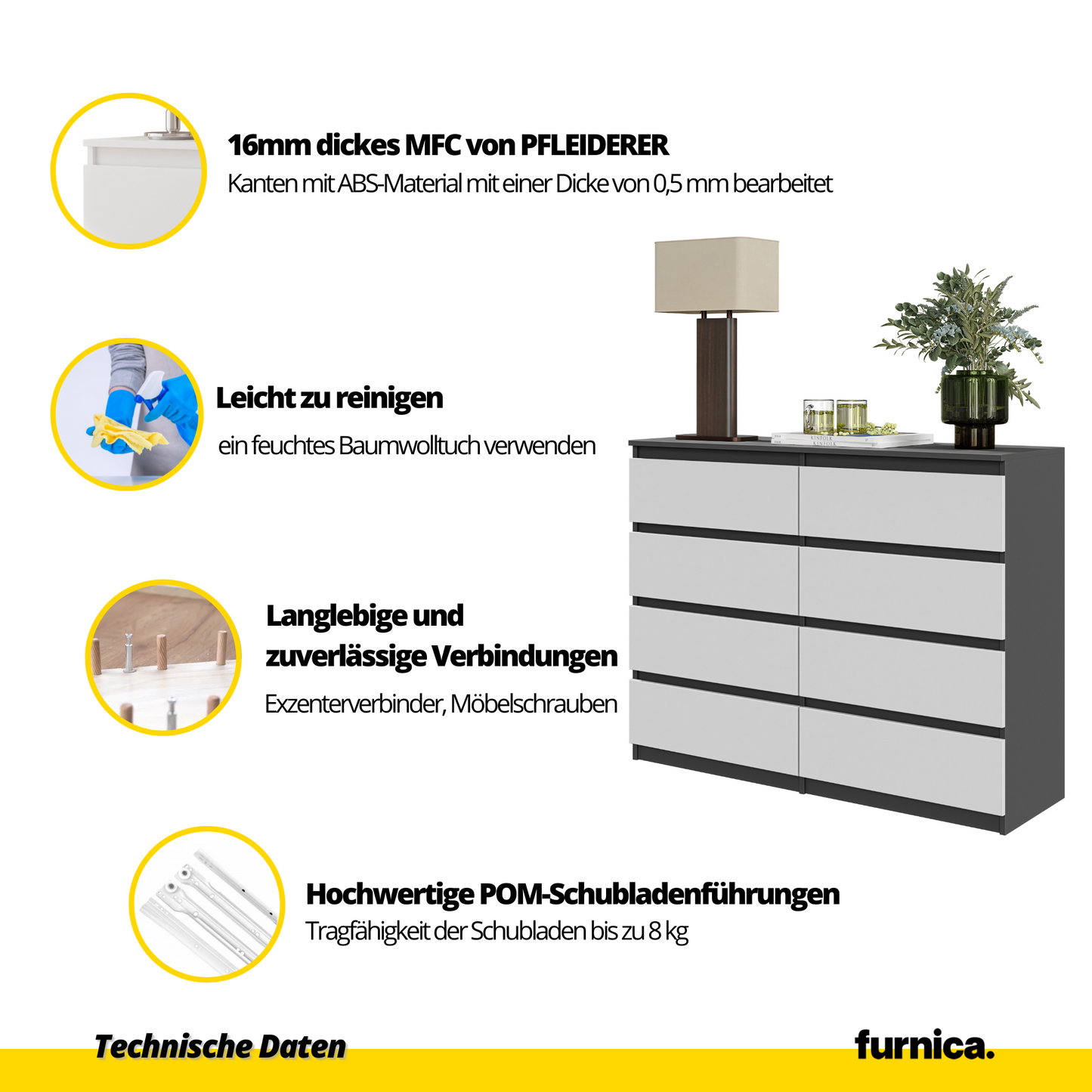 GABRIEL - Kommode / Sideboard mit 8 Schubladen - Anthrazit / Weiß Matt H92cm B120cm T33cm