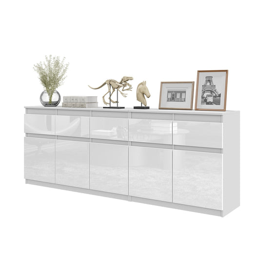 NOAH - Kommode mit 5 Schubladen und 5 Türen - Schlafzimmer Kommode Aufbewahrung Schrank Sideboard - Weiß Matt / Weiß Glanz H75cm B200cm T35cm