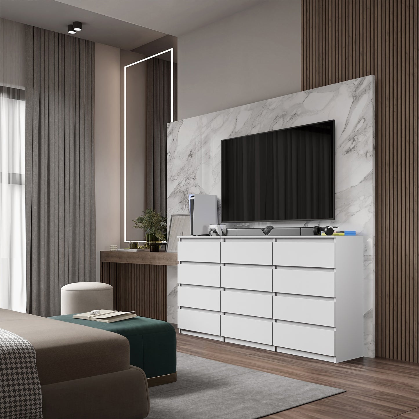 GABRIEL - Kommode / Sideboard mit 12 Schubladen (8+4) - Weiß Matt H92cm B180cm T33cm