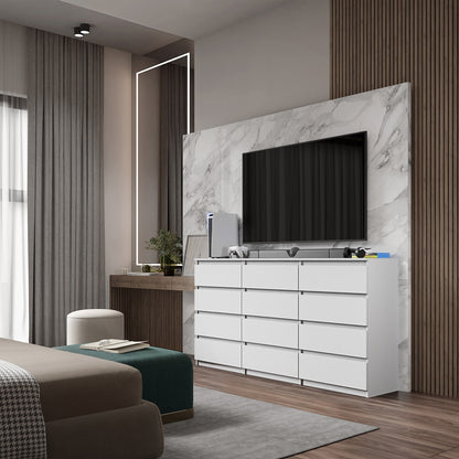 GABRIEL - Kommode / Sideboard mit 12 Schubladen (8+4) - Weiß Matt H92cm B180cm T33cm