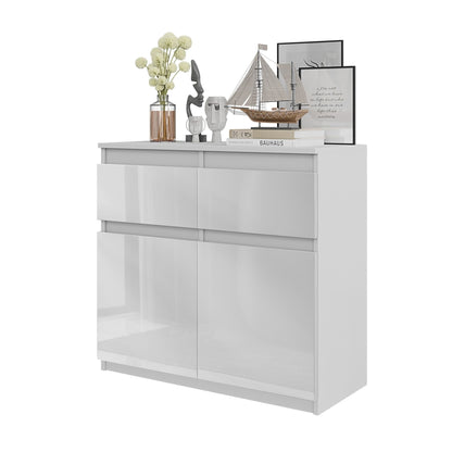 NOAH - Kommode / Sideboard mit 2 Schubladen und 2 Türen - Weiß Matt / Weiß Gloss H75cm B80cm T35cm