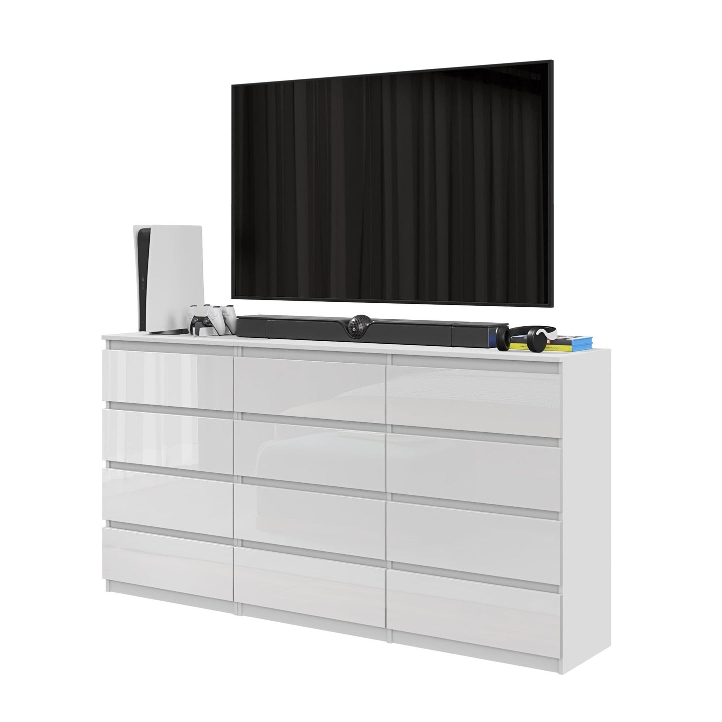 GABRIEL - Kommode / Sideboard mit 12 Schubladen (8+4) - Weißglanz H92cm B180cm T33cm