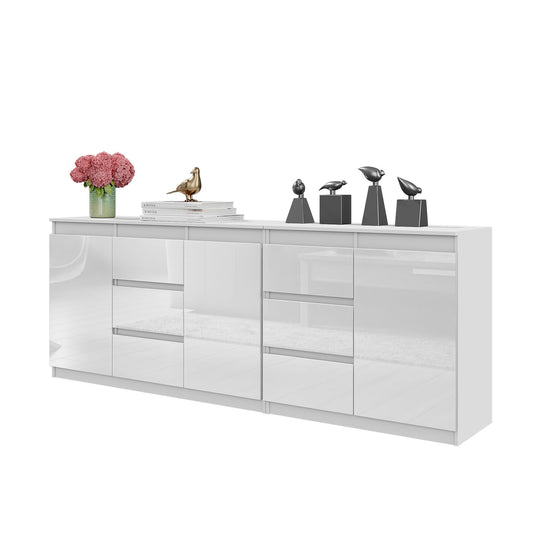 MIKEL - Kommode mit 6 Schubladen und 3 Türen - Schlafzimmer Kommode Aufbewahrungsschrank Sideboard - Weiß Matt / Weiß Glanz H75cm B200cm T35cm