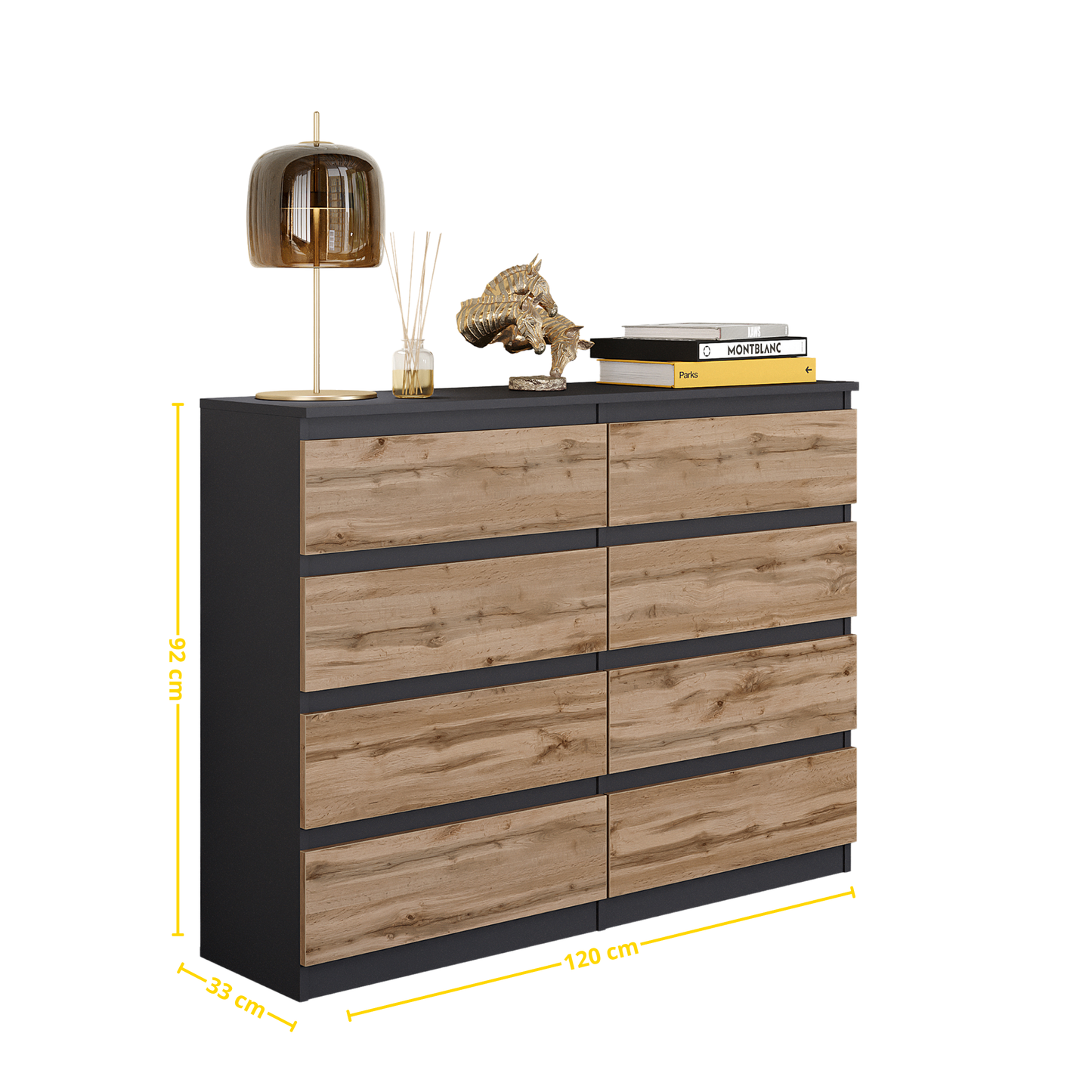 GABRIEL - Kommode / Sideboard mit 8 Schubladen - Anthrazit Grau / Wotan Eiche H92cm B120cm T33cm