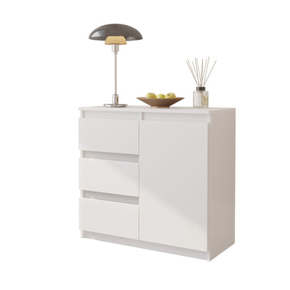 MIKEL - Kommode / Sideboard mit 3 Schubladen und 1 Tür - Weiß Matt H75cm B80cm T35cm