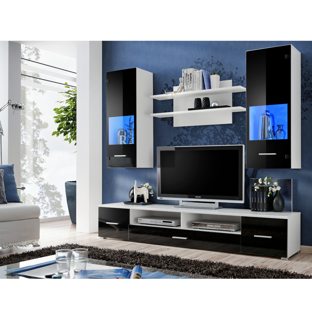 wohnwand reno - wohnzimmer-möbel-set - weiß matt / schwarz glanz