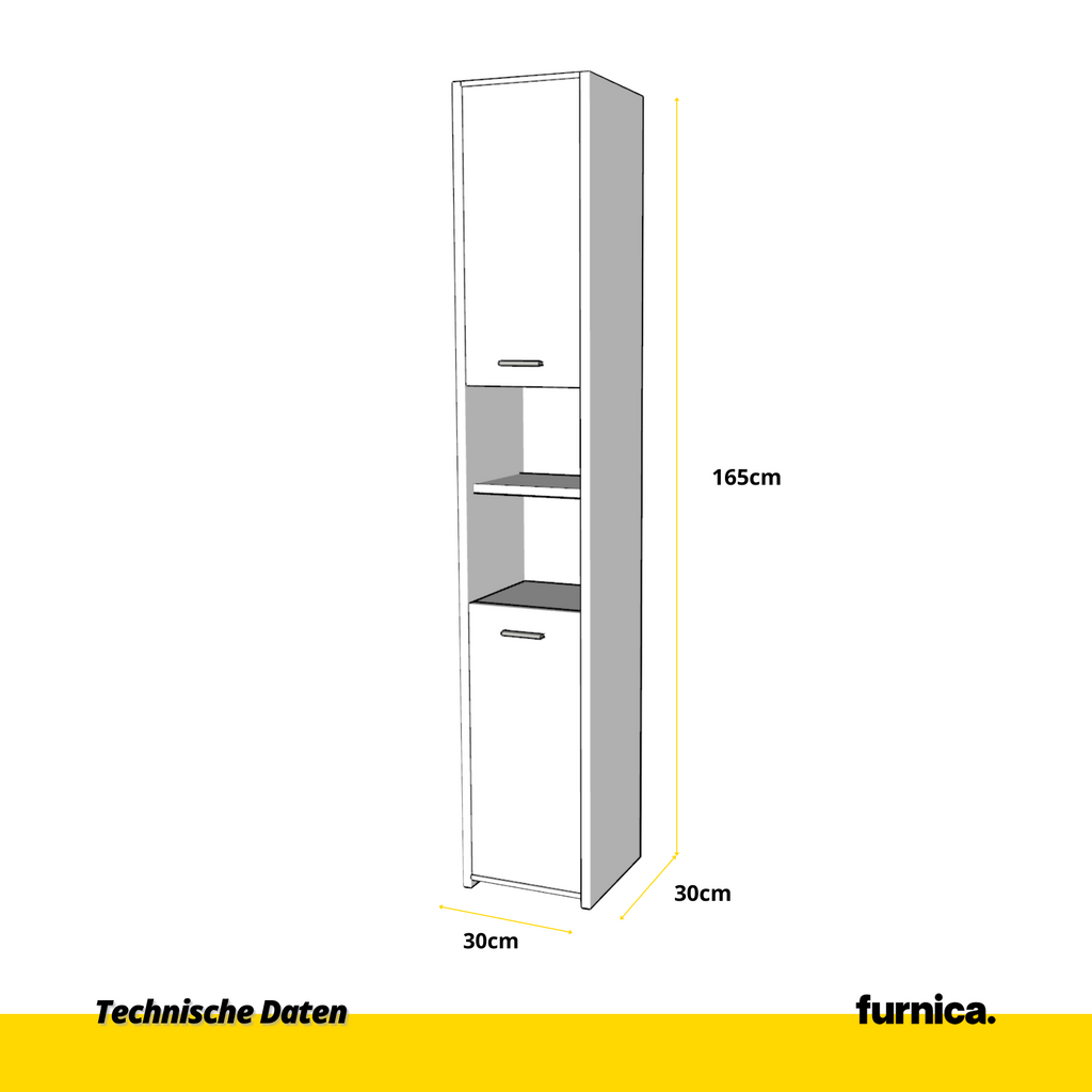 EMMA Badezimmerschrank mit Türen und Einlegeböden - Weiß Matt H165cm B30cm T30cm