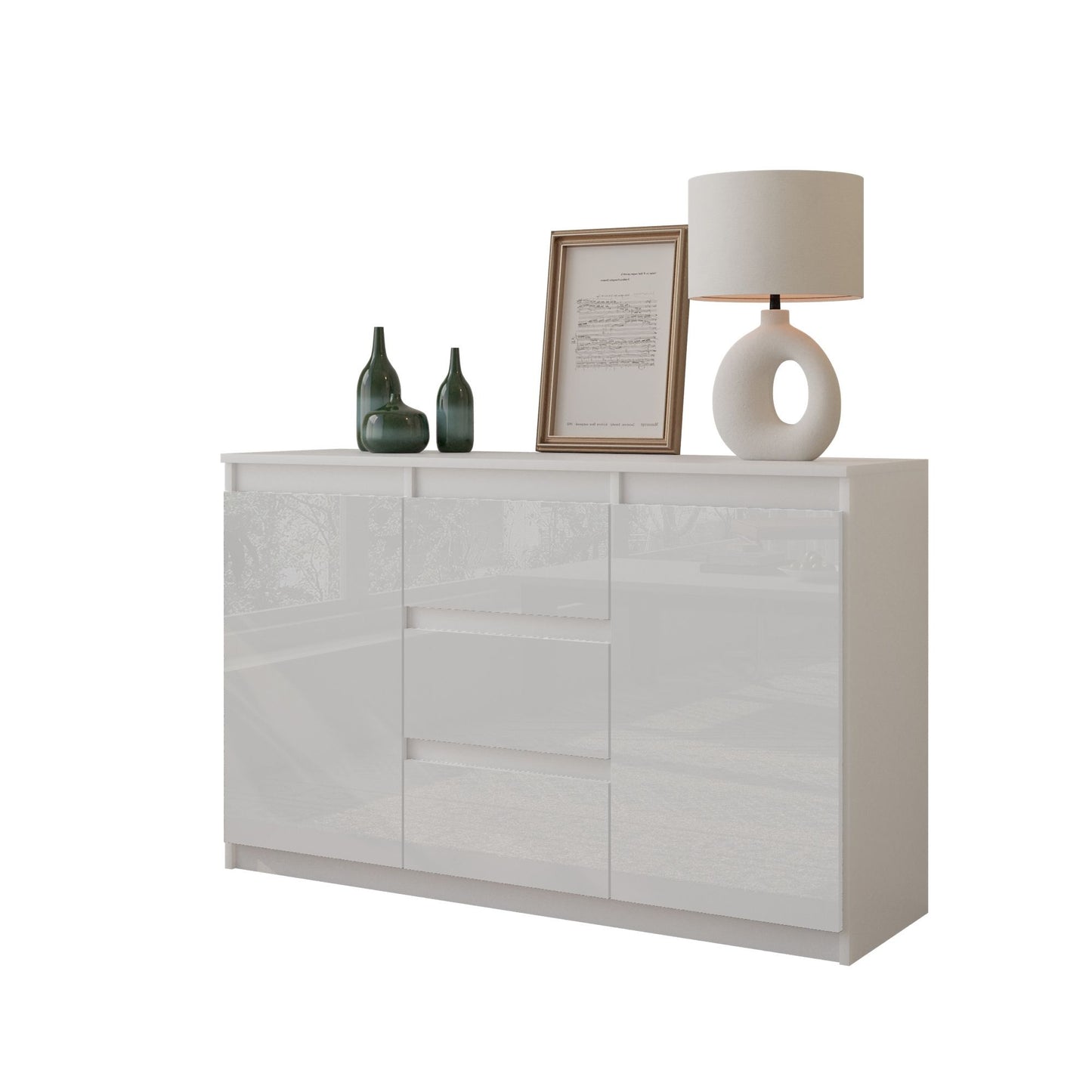 MIKEL - Kommode / Sideboard mit 3 Schubladen und 2 Türen - Weiß Matt / Weiß Gloss H75cm B120cm T35cm